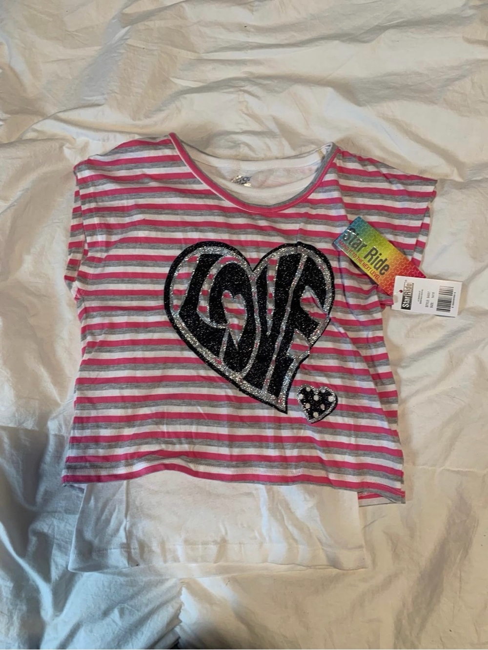 Justice Pink, White & Gray Striped Tee with Glittery Black Heart
